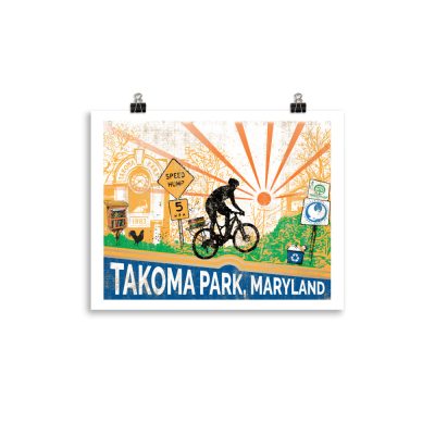 Poster Art Print Takoma Park, Maryland Bicycle Speed Hump Motor Cat Roscoe Recycle Peace Nuclear Free Zone Tree City USA